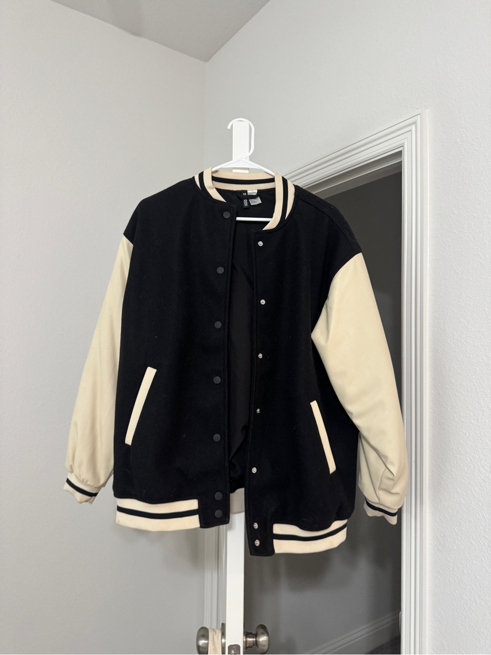H&M Black and Cream Varsity Bomber Jacket
